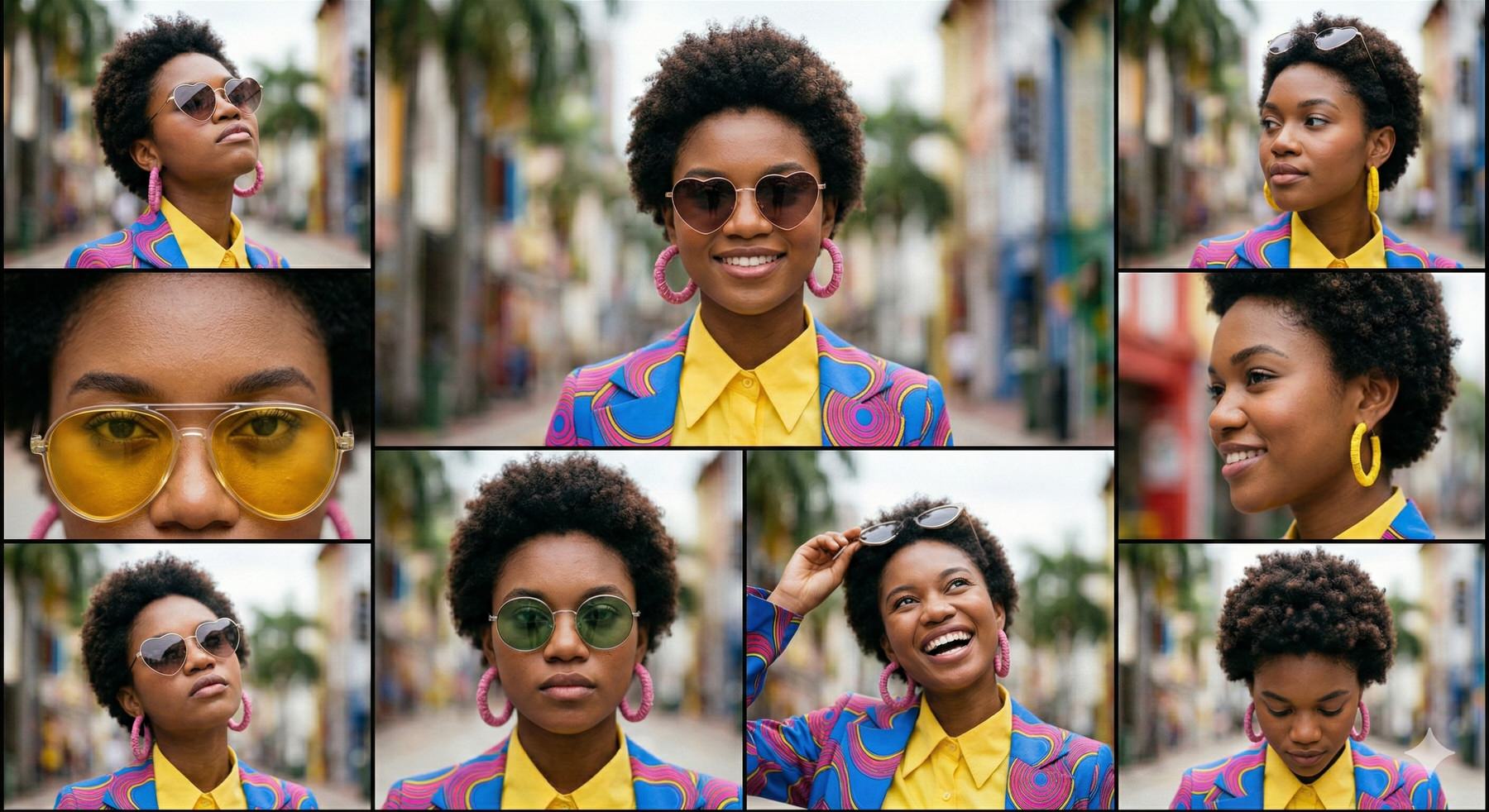 画像 同一人物を異なるポーズ・アングルで描いた9枚のグリッド画像。カラフルな柄のジャケットと黄色いシャツを着た女性の外見が全カットで一貫している