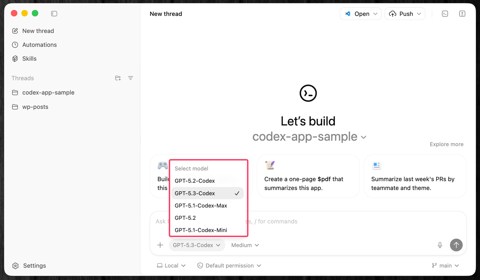 Codexアプリのモデル選択画面。GPT-5.3-Codexが選択されている