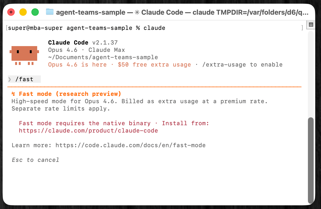 Claude CodeのFastモード説明画面。/fastコマンド実行時にFast mode (research preview)の詳細が表示されている