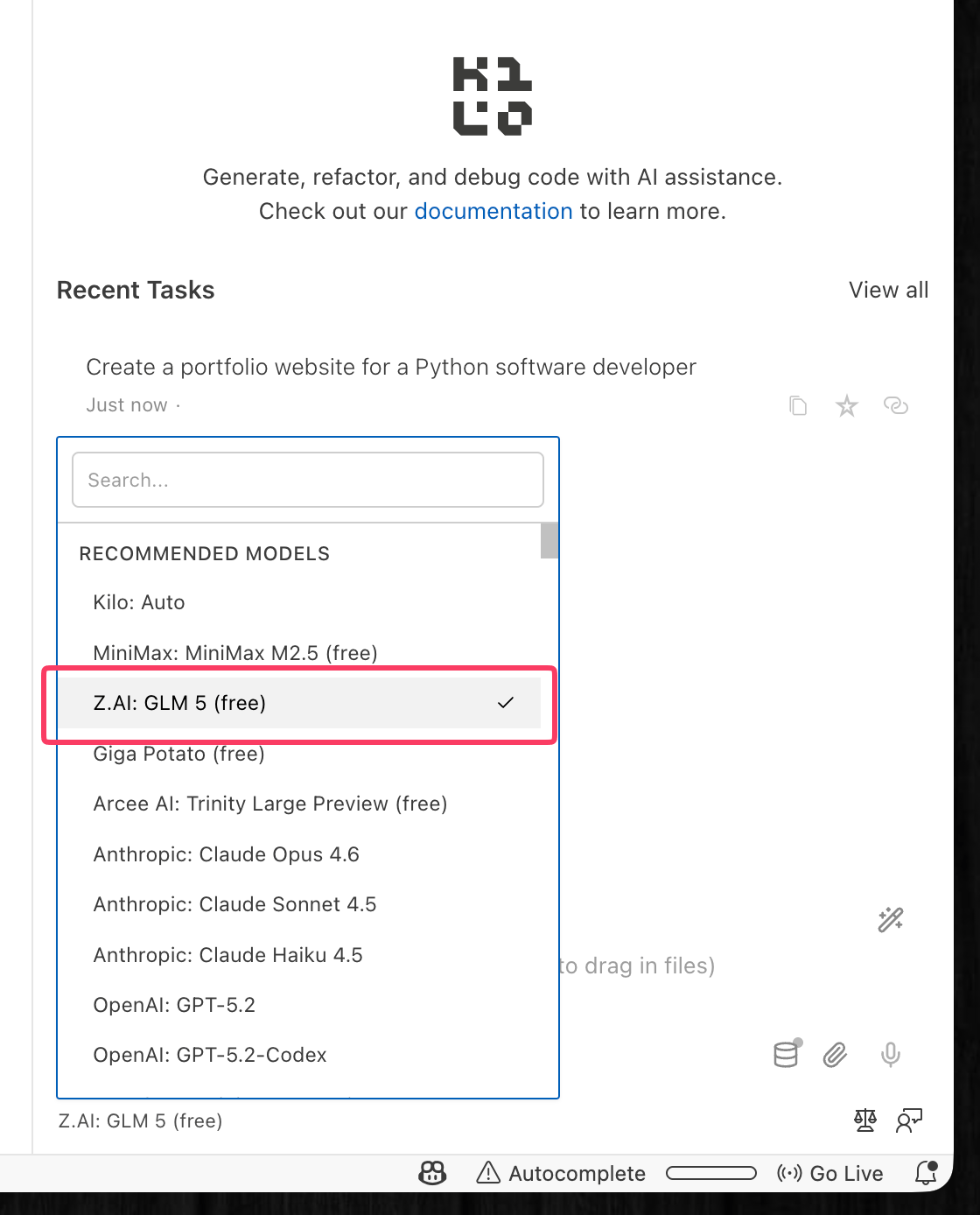 Kilo Codeのモデル選択画面。「Z.AI: GLM 5 (free)」が選択されている。他にもClaude Opus 4.6やGPT-5.2など多数のモデルが並ぶ