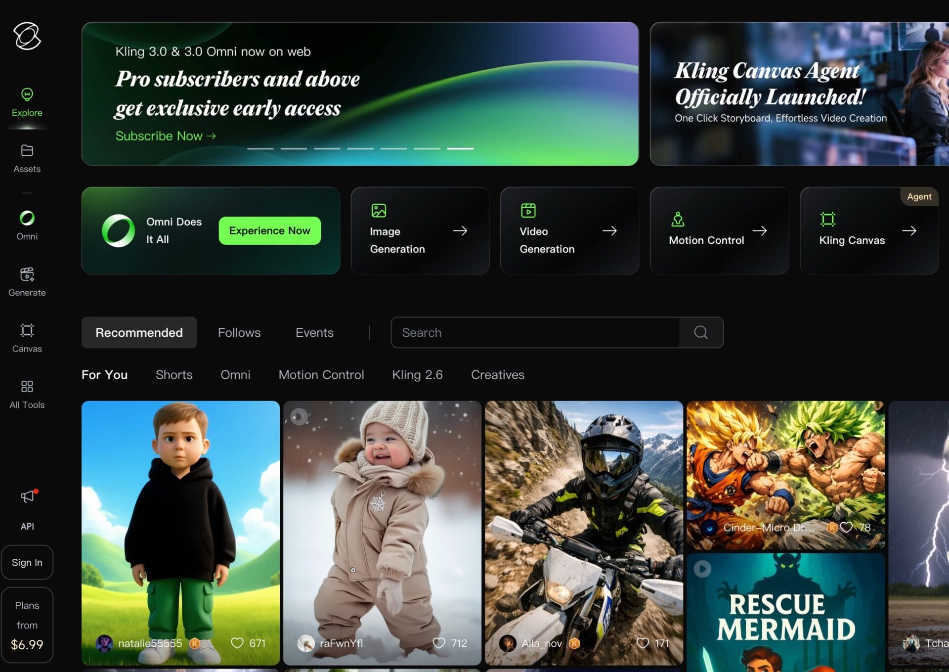 Kling AIのトップページ。Kling 3.0 OmniリリースやCanvas Agentの告知バナーが表示されている