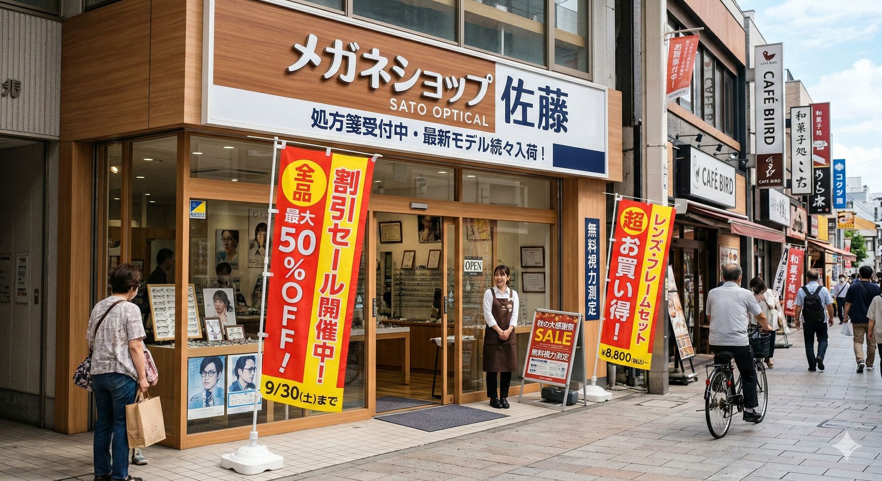 画像 AI生成された日本の眼鏡店の画像。「メガネショップ佐藤」「全品最大50%OFF」など複数の日本語テキストが高精度で描画されている