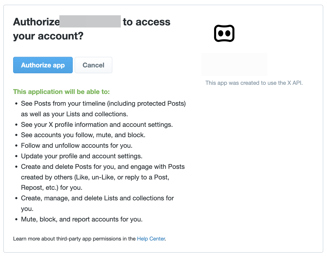 ブラウザに表示されたOAuth認証画面。アプリへのアクセス権限の一覧と「Authorize app」ボタンが表示されている