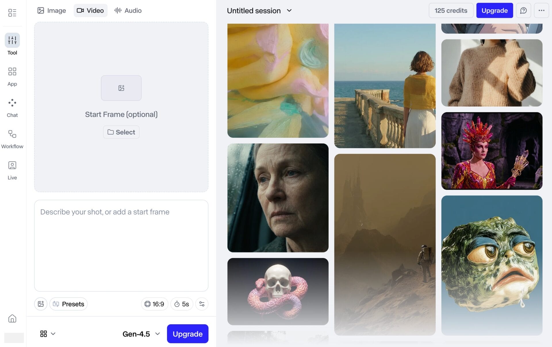 Runway Gen-4.5の動画生成画面。Start Frameの指定やプロンプト入力欄、生成済みギャラリーが表示されている