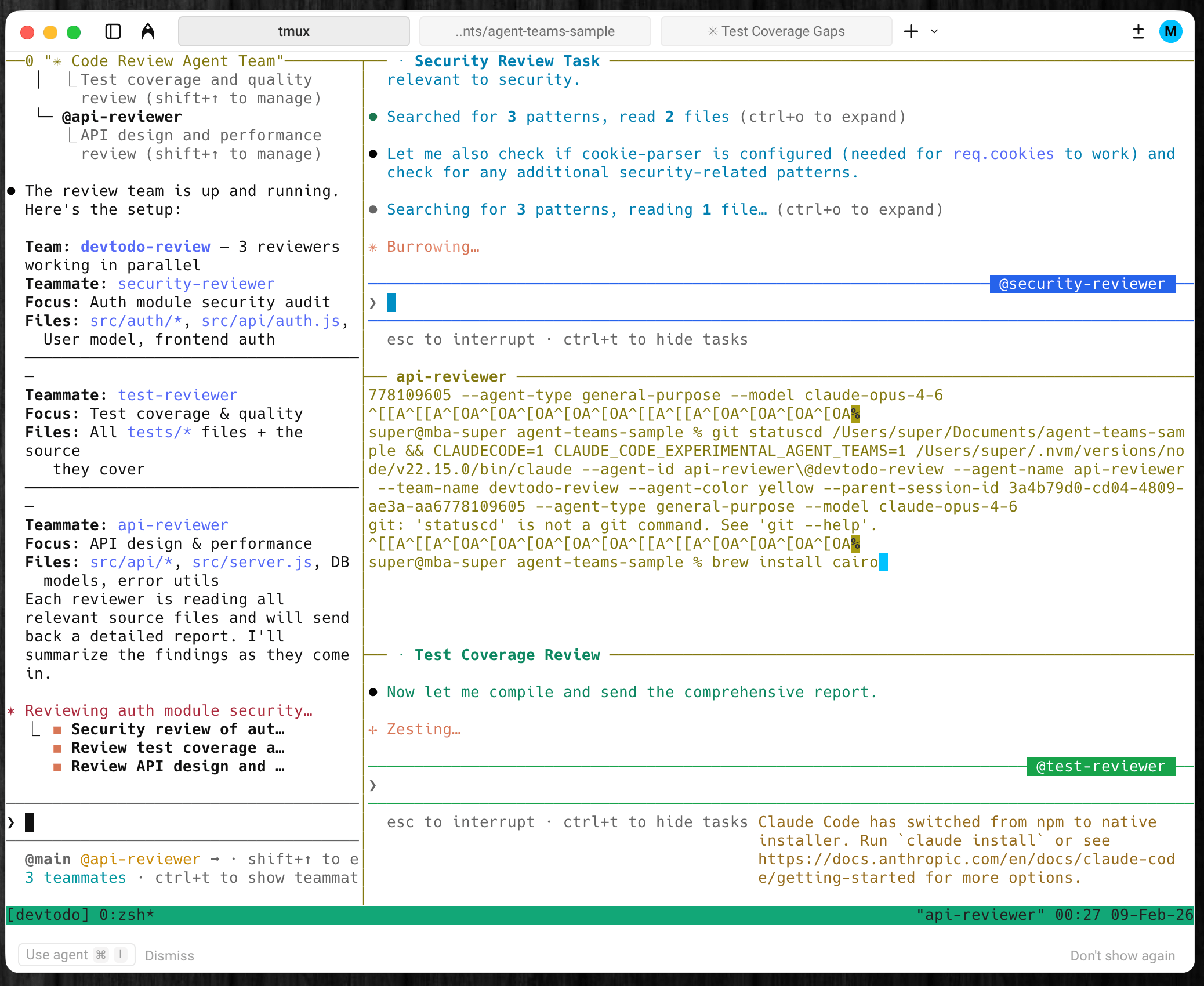 Split panesモード：tmuxで各チームメイトが独立したペインで動作している様子