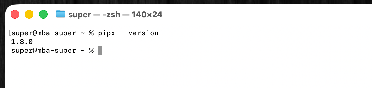 画像 ターミナルでpipx --versionを実行し、バージョン1.8.0が表示されている