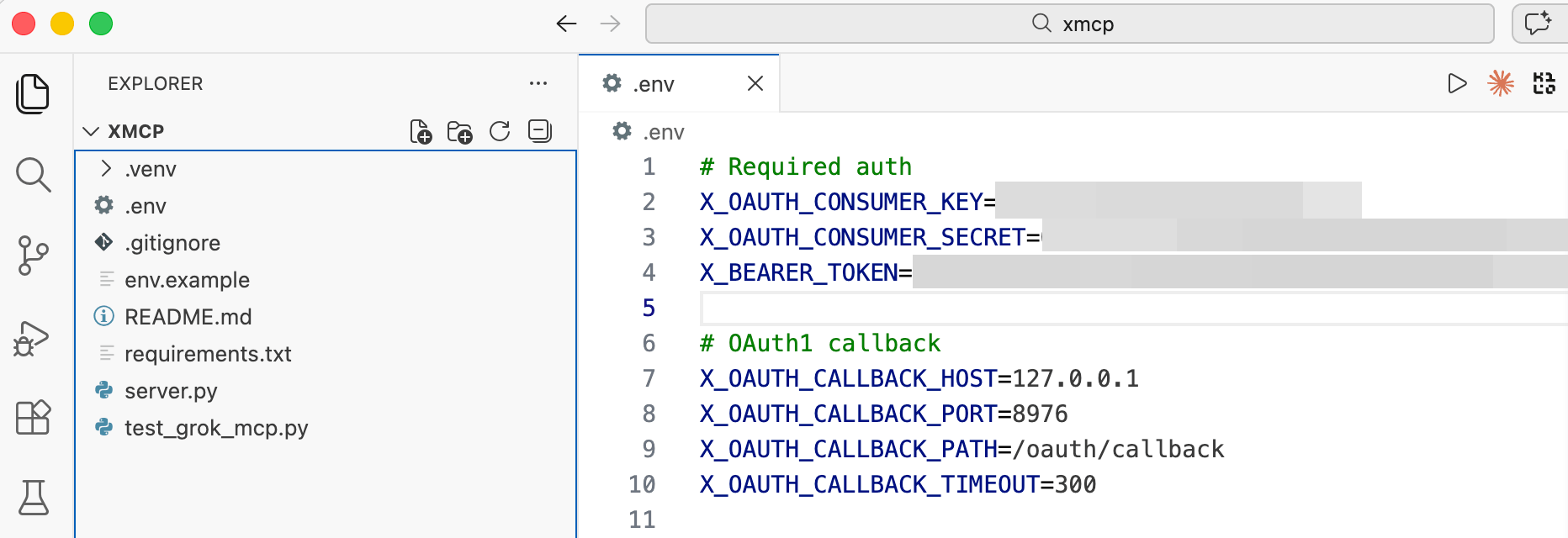 VS Codeで.envファイルを開いた画面。X_OAUTH_CONSUMER_KEYなどの認証情報が設定されている
