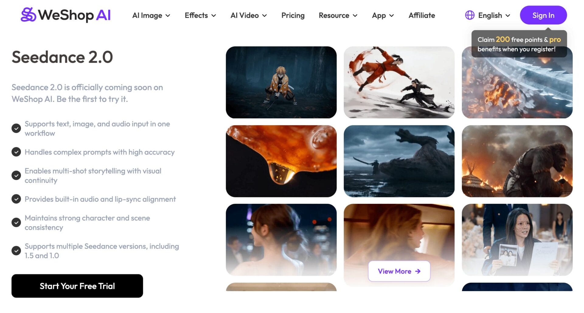 WeShop AIのSeedance 2.0紹介ページ。マルチモーダル入力やマルチショット対応などの機能一覧が表示されている
